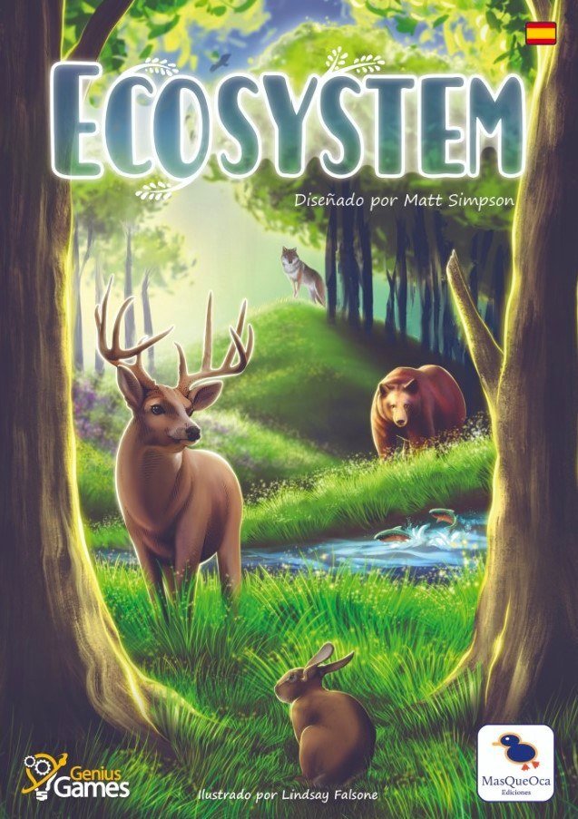 Ecosystem: cartas de animales y plantas que se colocan en una cuadrícula personal, puntuación por lo que tienes al lado y el draft de naturaleza donde el oso puntúa por estar cerca del río pero lejos del bosque